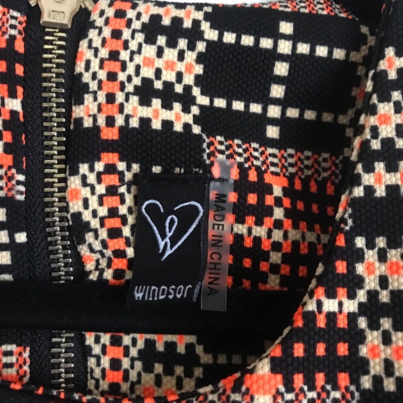 Sleeveless Black Orange Plaid A-Line Dress w Brown Belt - Picture 5 of 6